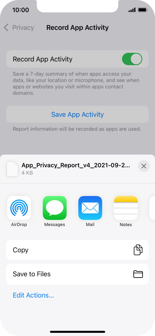 Press the required setting and follow the instructions on the screen to share or save the app activity report.