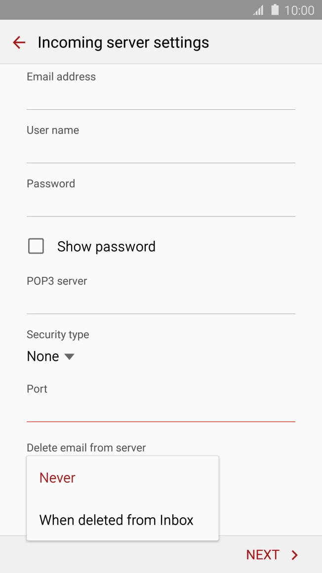 Press Never to keep email on the server when you delete them on your phone. Press Never to keep email on the server when you delete them on your phone.
