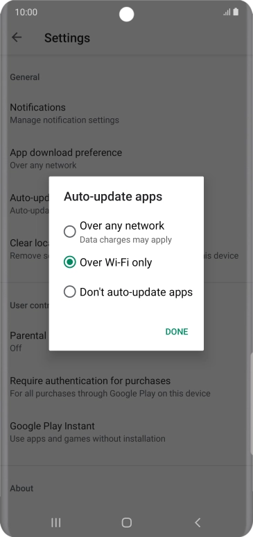 To turn on automatic update of apps using mobile network, press Over any network. To turn on automatic update of apps using mobile network, press Over any network.