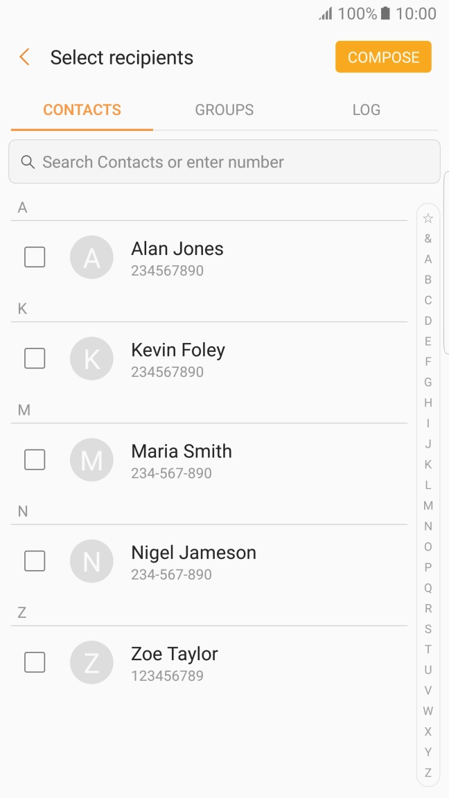 Press the search field and key in the first letters of the recipient's name.