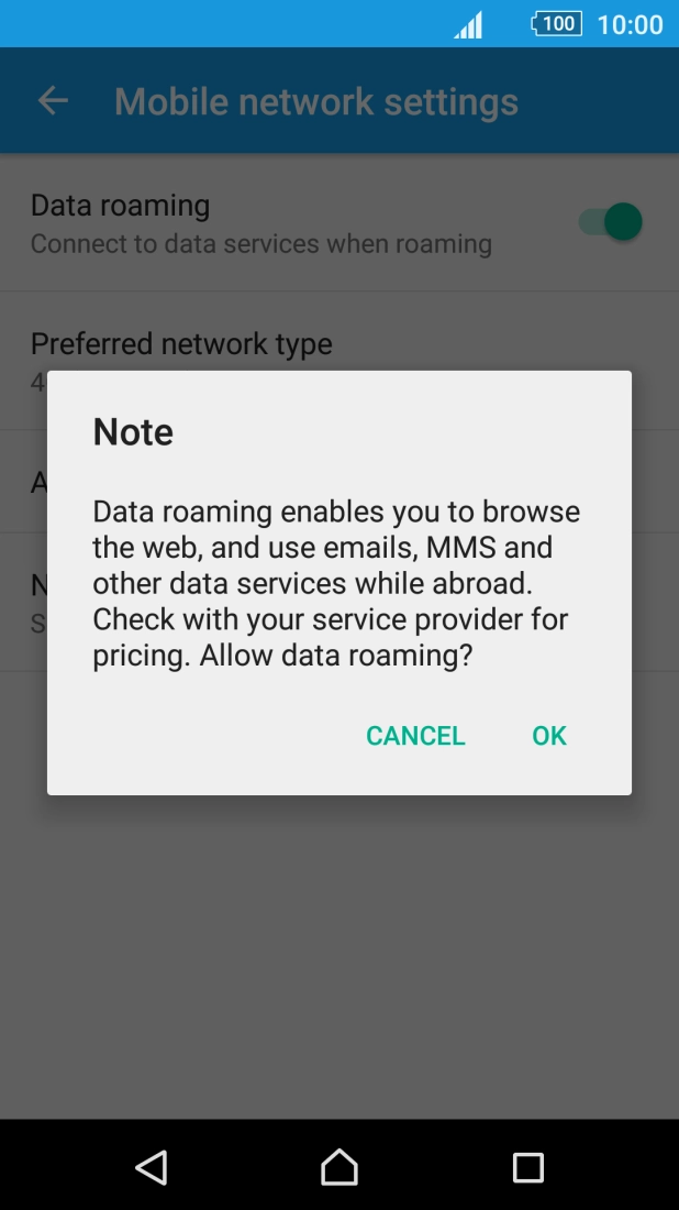If you turn on data roaming, press OK.