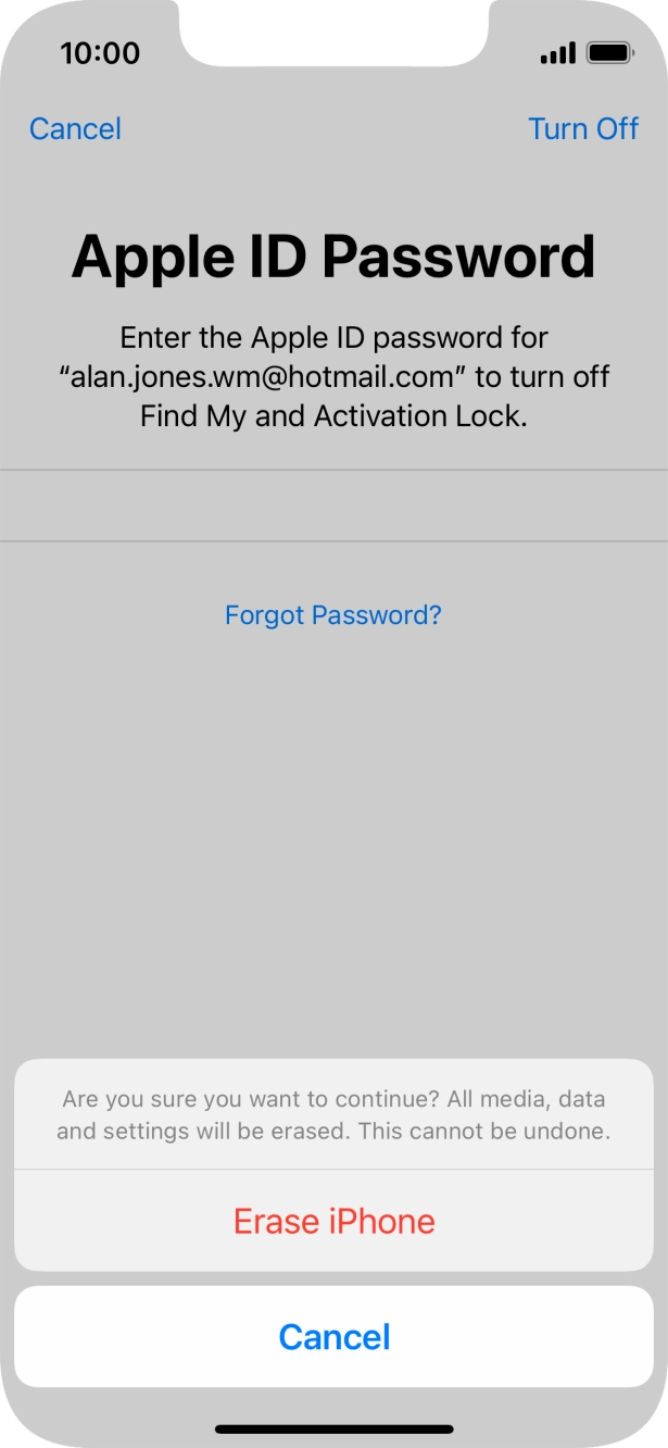 Key in the password for your Apple ID and press Erase iPhone. Wait a moment while the factory default settings are restored. Follow the instructions on the screen to set up your phone and prepare it for use.