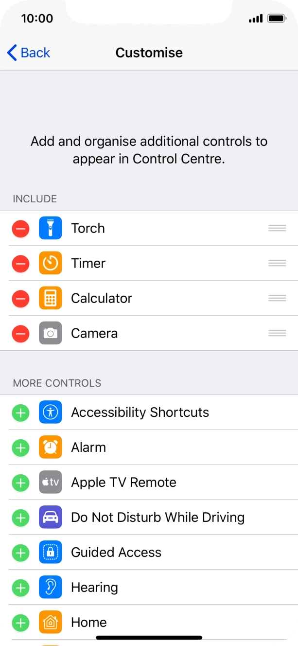 Press the delete icon next to the required function to remove it from Control Centre.
