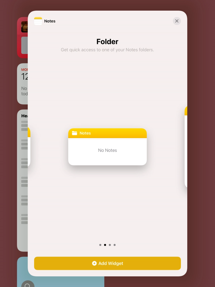 Slide your finger right or left on the screen to select the required widget size.