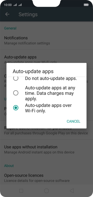 To turn on automatic update of apps using Wi-Fi, press Auto-update apps over Wi-Fi only.. To turn on automatic update of apps using Wi-Fi, press Auto-update apps over Wi-Fi only..
