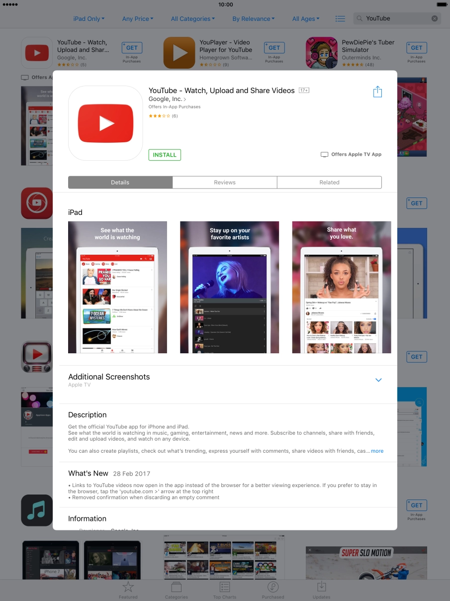 Press INSTALL and wait while YouTube is installed.