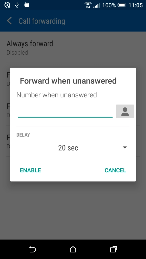 If you divert missed calls, you need to select a delay for the divert. Press the drop down list below 