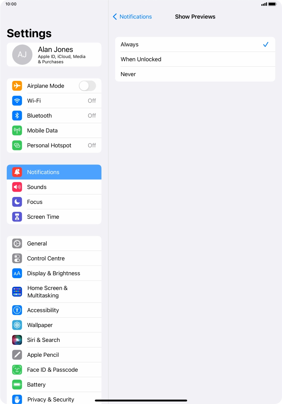 To select notification preview on the lock screen, press Always.