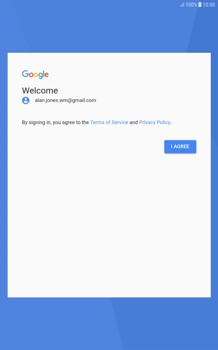 Press I AGREE and follow the instructions on the screen to select settings for your Google account.