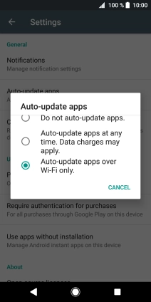 To turn on automatic update of apps using mobile network, press Auto-update apps at any time. Data charges may apply..