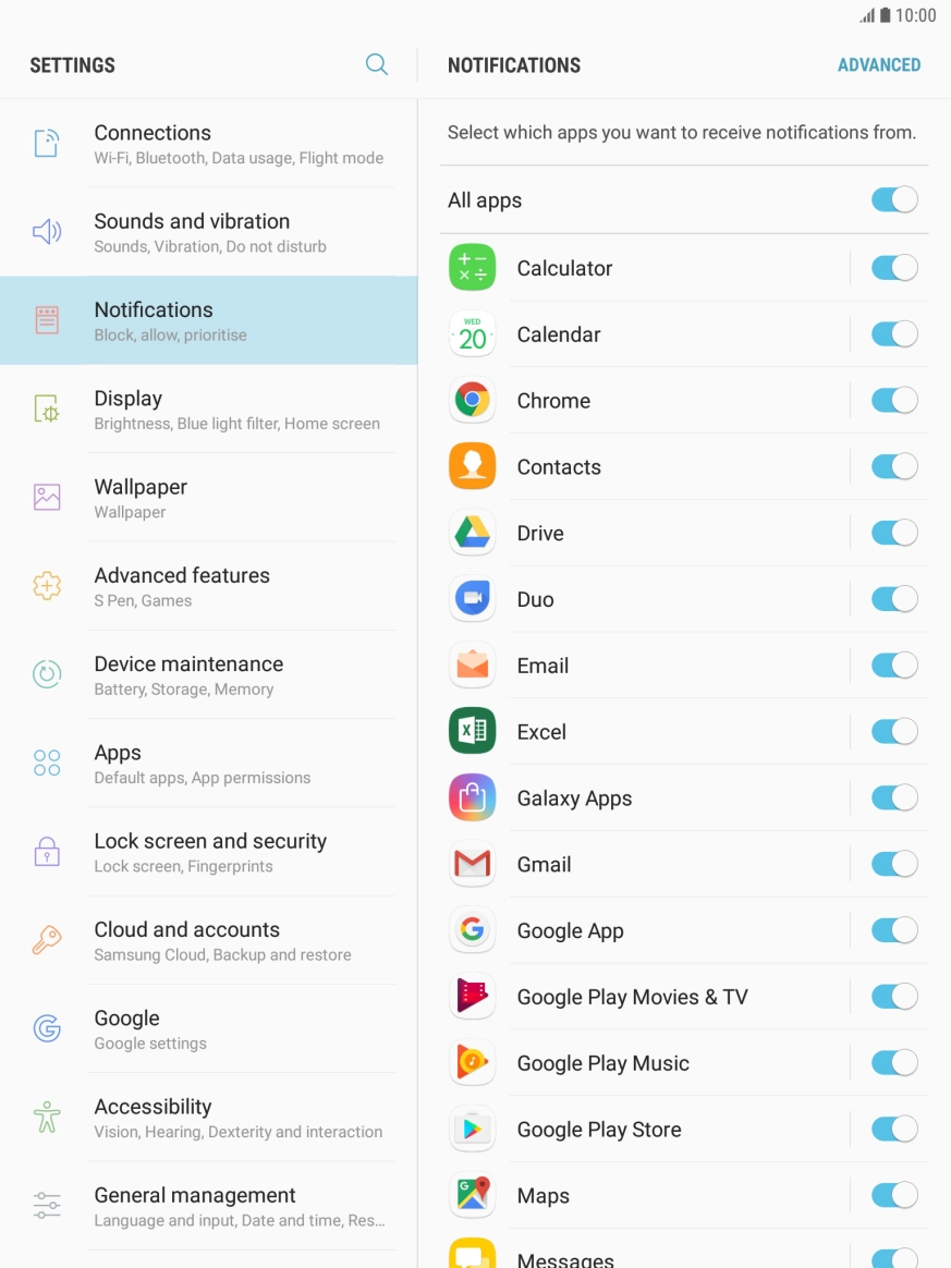 Press the indicator next to the required app to turn the function on or off.