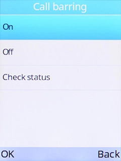 Select On and key in your barring password.
