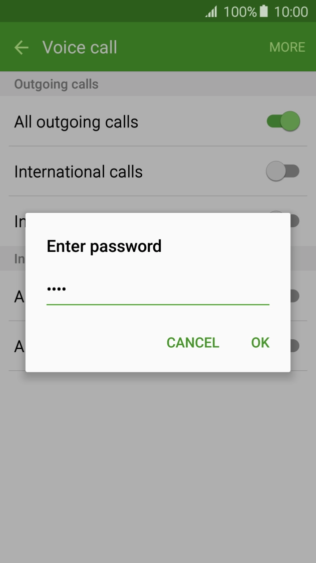 Key in your call barring password and press OK.