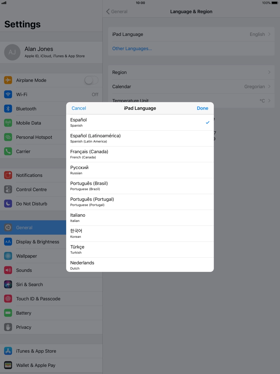 Press Done and follow the instructions on the screen to change to the selected language.