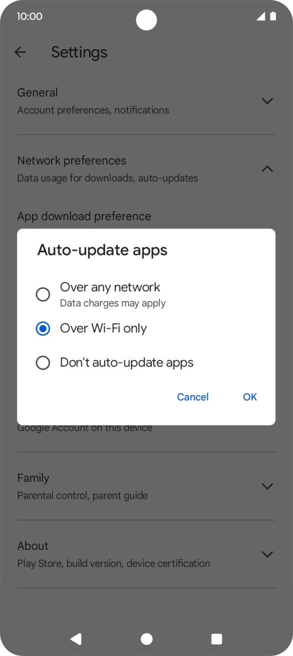 To turn on automatic update of apps using mobile network, press Over any network.