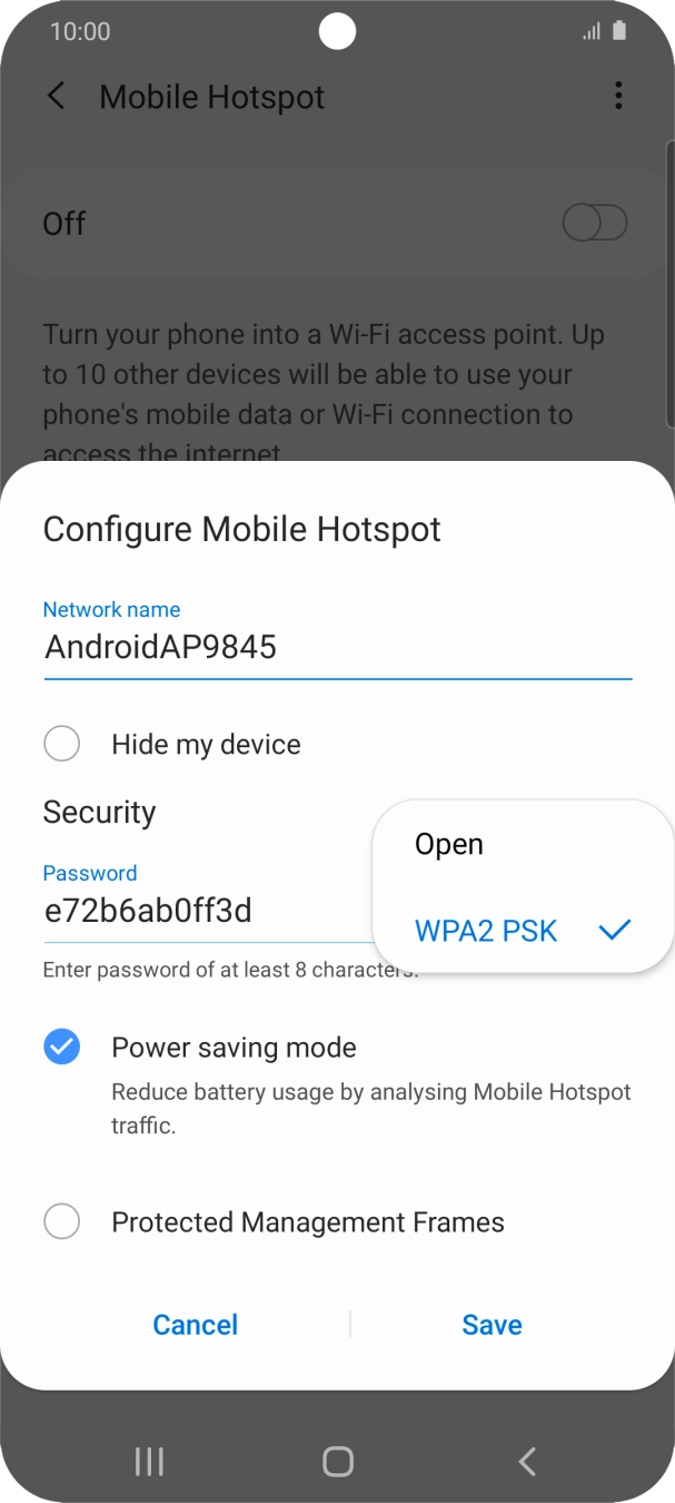 Press WPA2 PSK to password protect your Wi-Fi hotspot.