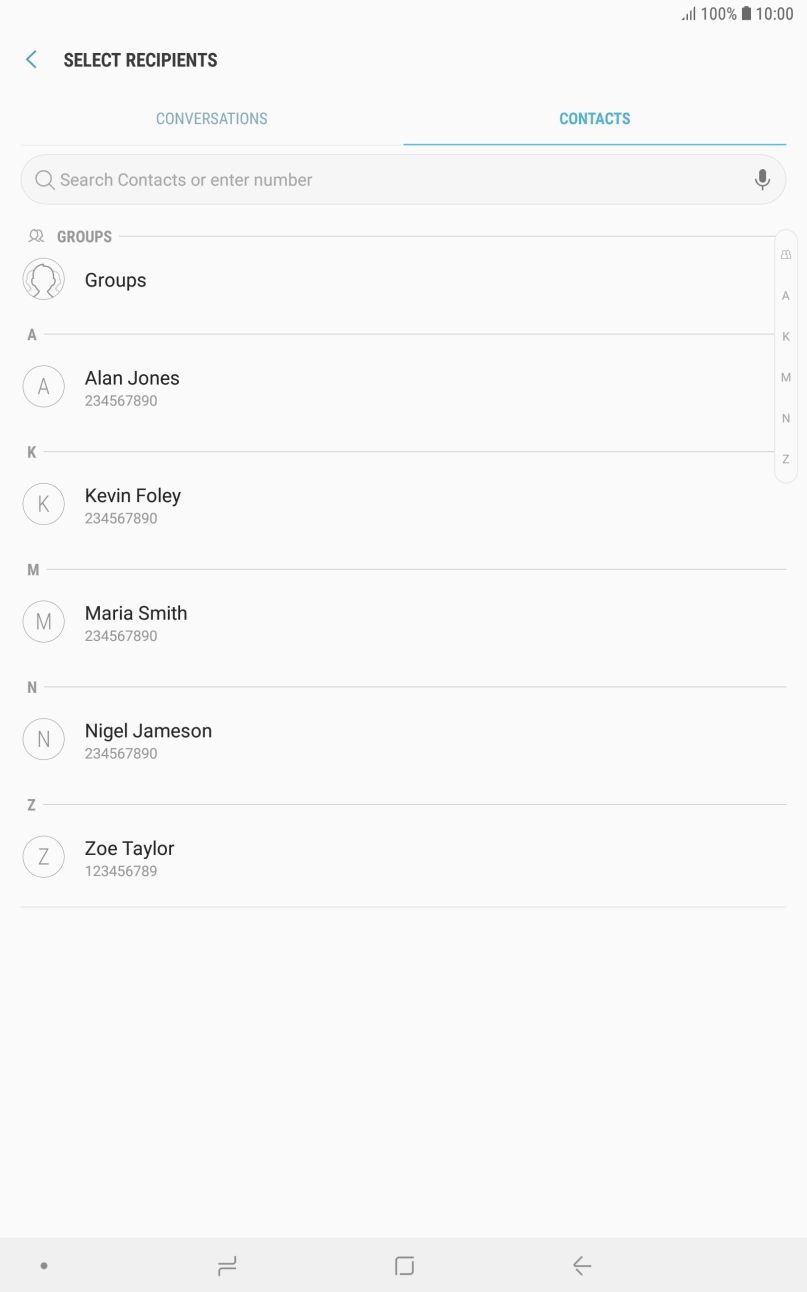 Press the search field and key in the first letters of the recipient's name.