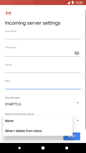 Press Never to keep email on the server when you delete them on your phone. Press Never to keep email on the server when you delete them on your phone.