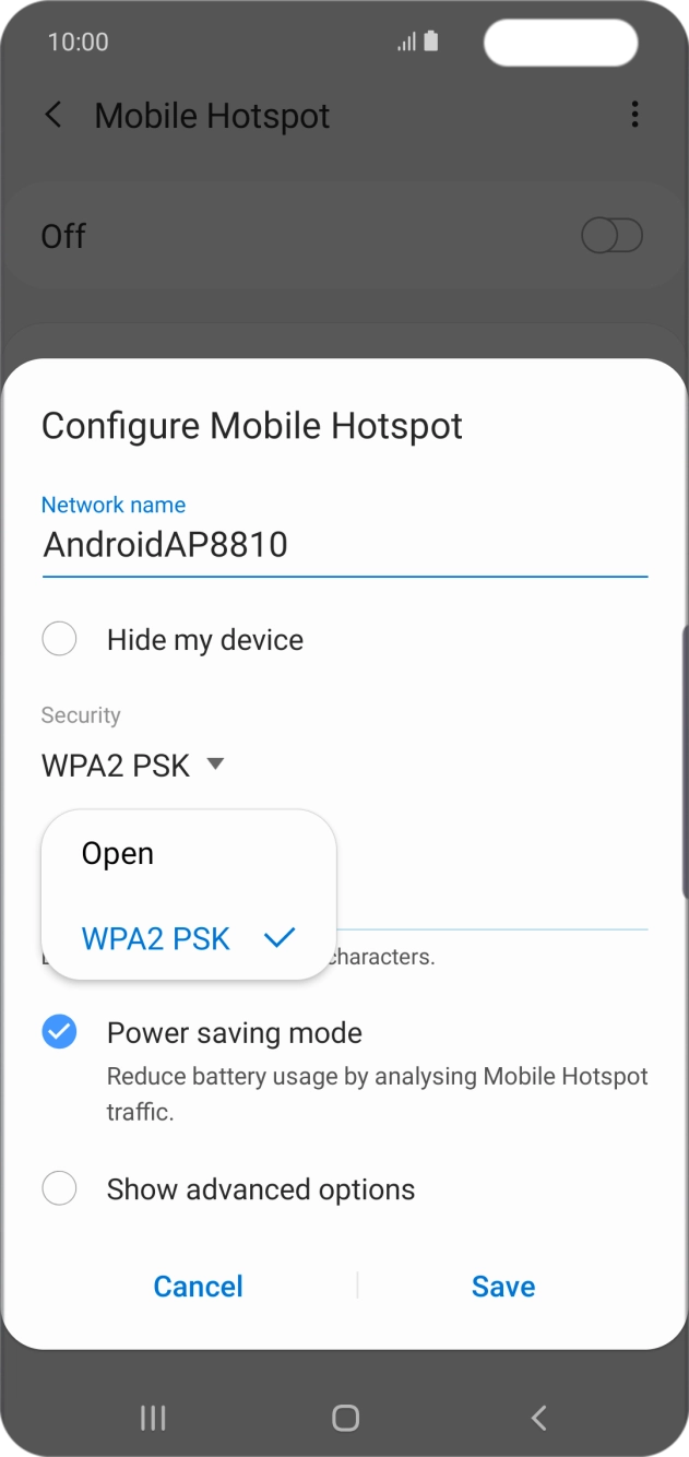 Press WPA2 PSK to password protect your Wi-Fi hotspot.