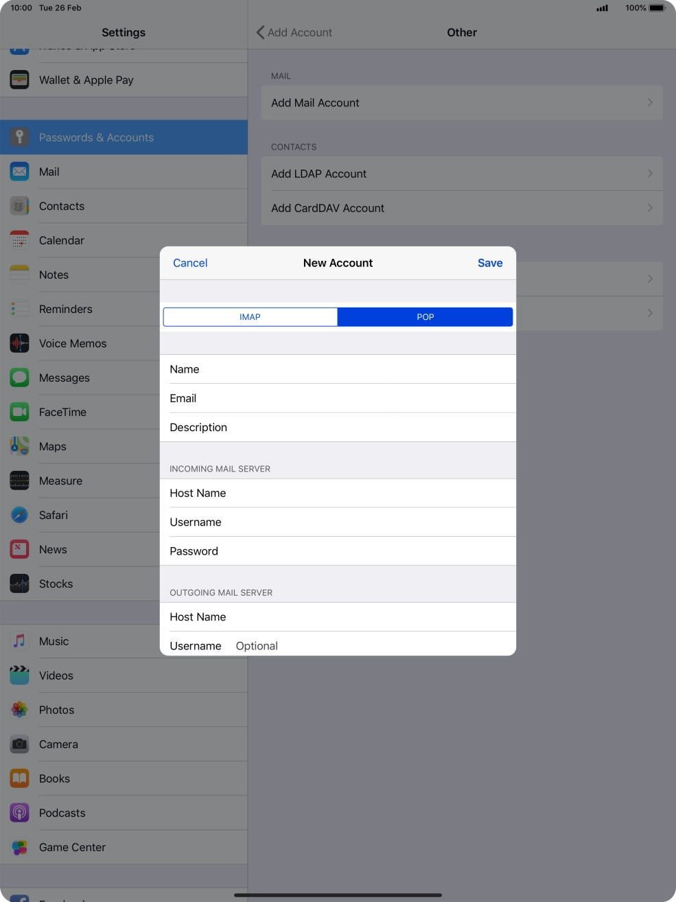 Press Username and key in the username for your email account.