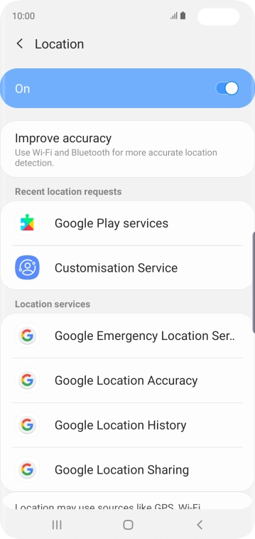 Press Google Location Accuracy. Press Google Location Accuracy.