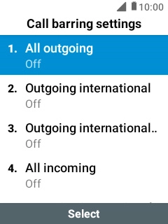 Select the required barring type to turn the function on or off.