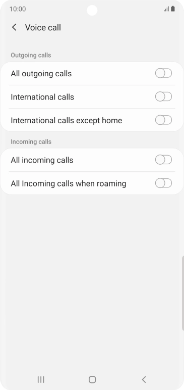 Press the indicator next to the required barring type to turn the function on or off. Press the indicator next to the required barring type to turn the function on or off.