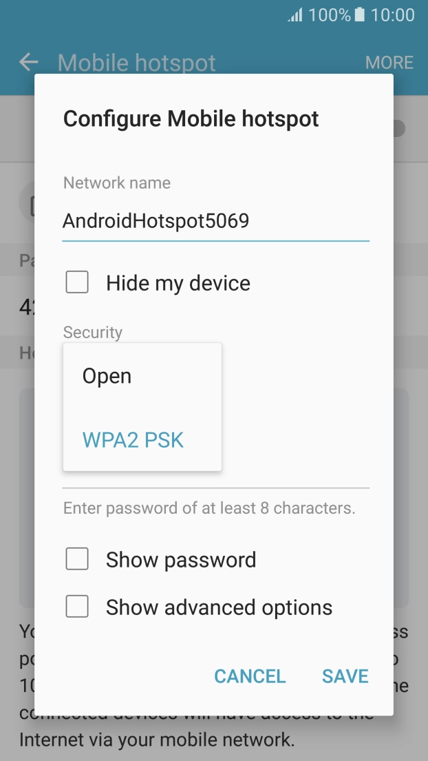Press WPA2 PSK to password protect your Wi-Fi hotspot.