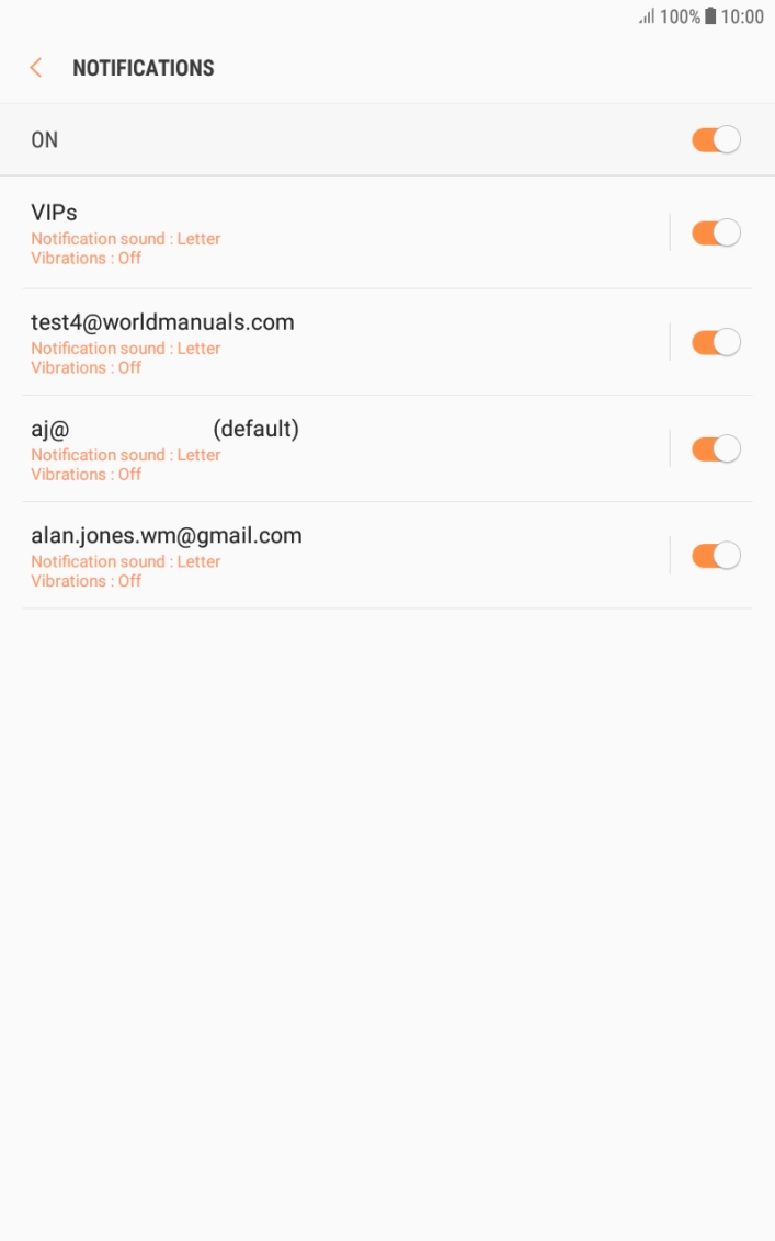 Press the indicator next to the required email account to turn the function on or off.