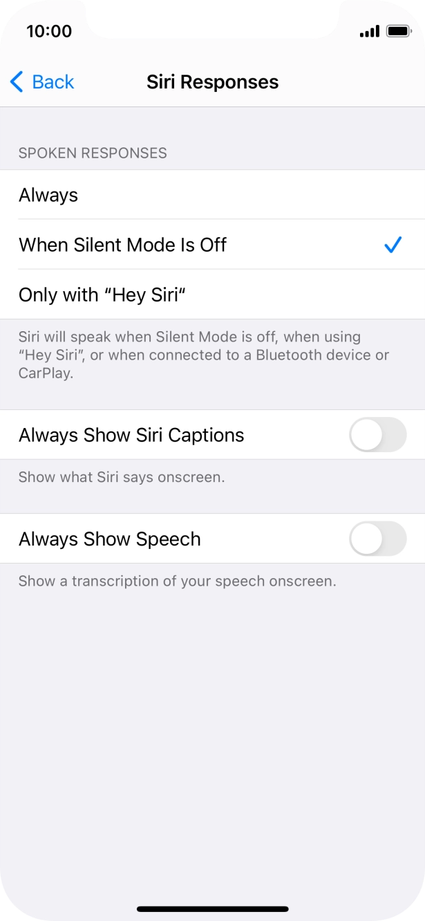 Press the required setting.