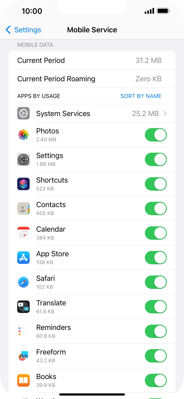 The data usage for each application is displayed below the name of the application.