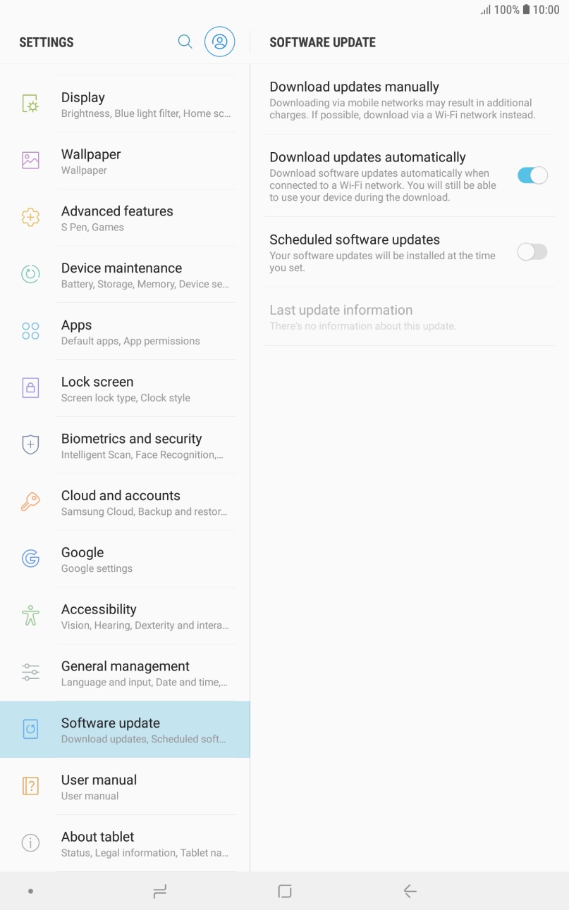 Press Download updates manually. If a new software version is available, it's displayed. Follow the instructions on the screen to update the tablet software.
