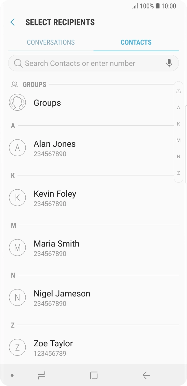 Press the search field and key in the first letters of the recipient's name.