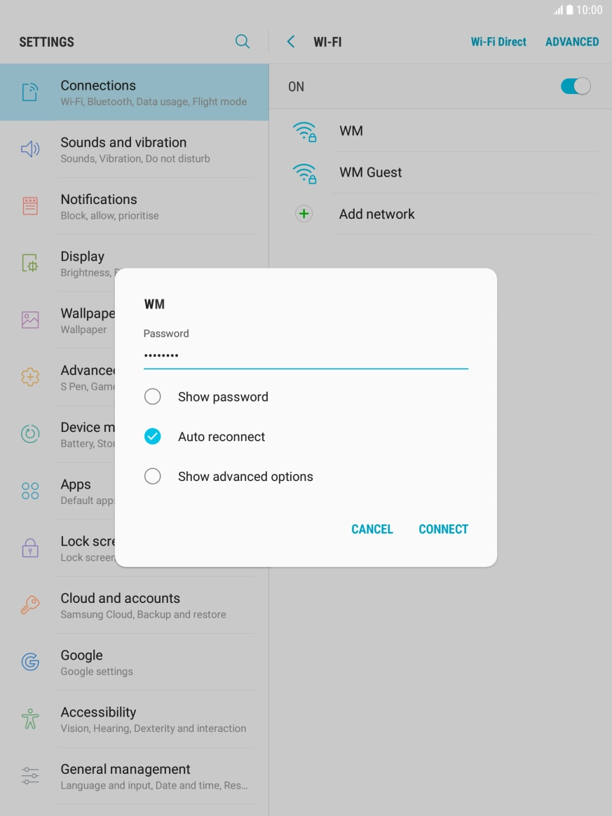 Key in the password for the Wi-Fi network and press CONNECT.