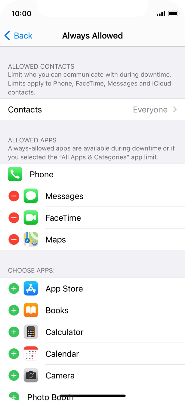 Press the add icon next to the required app to add it to the list of allowed apps during Downtime.
