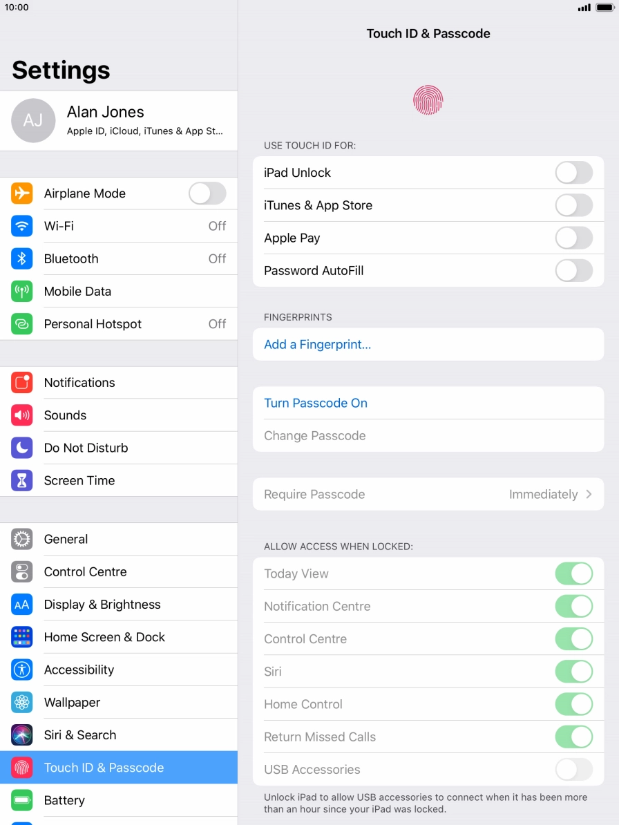 Press Turn Passcode On and key in a lock code of your own choice twice.