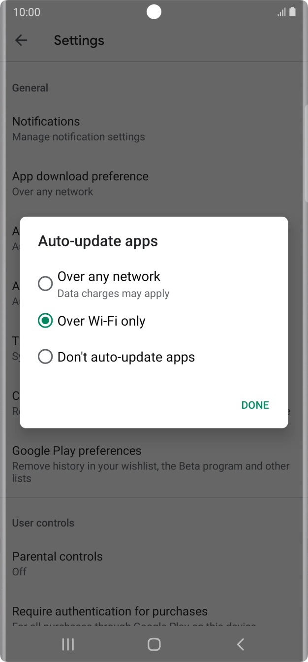 To turn on automatic update of apps using mobile network, press Over any network.