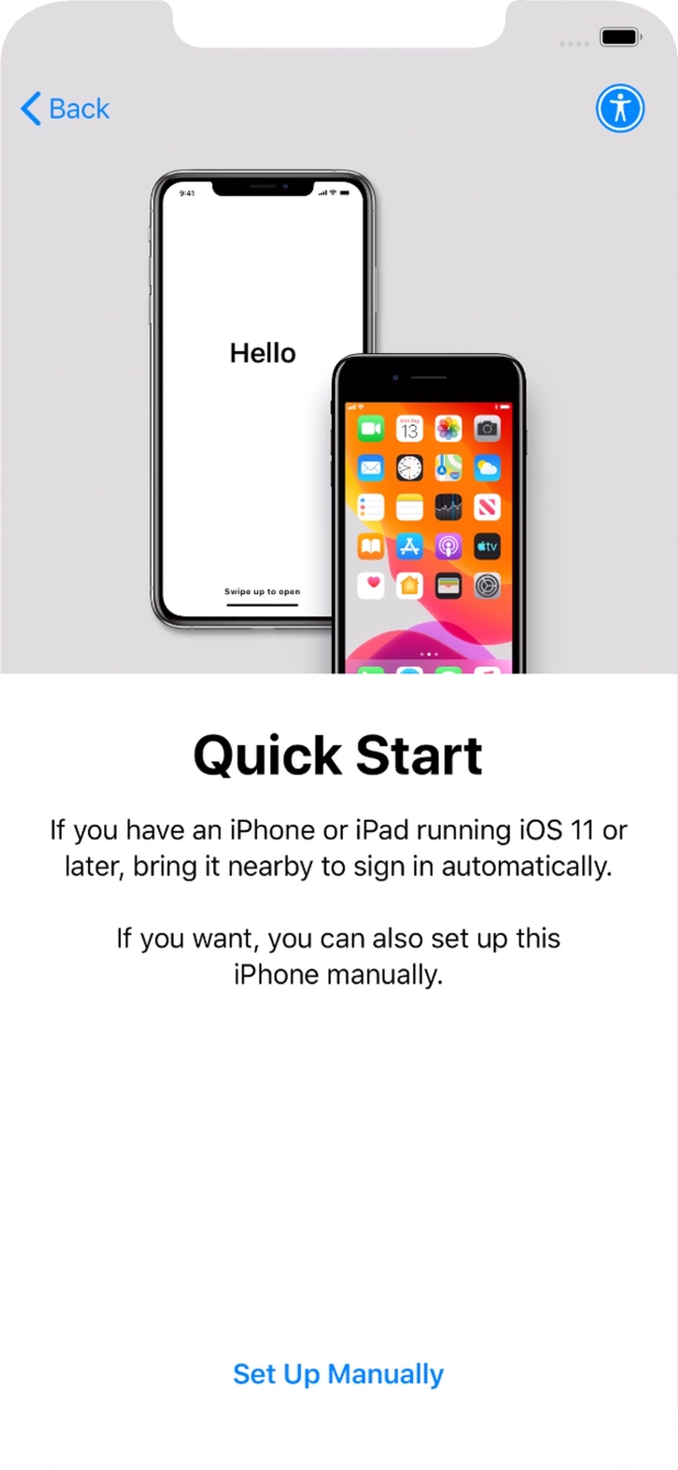 Follow the instructions on the screen to transfer content from another device running iOS 11 or later or press Set Up Manually.