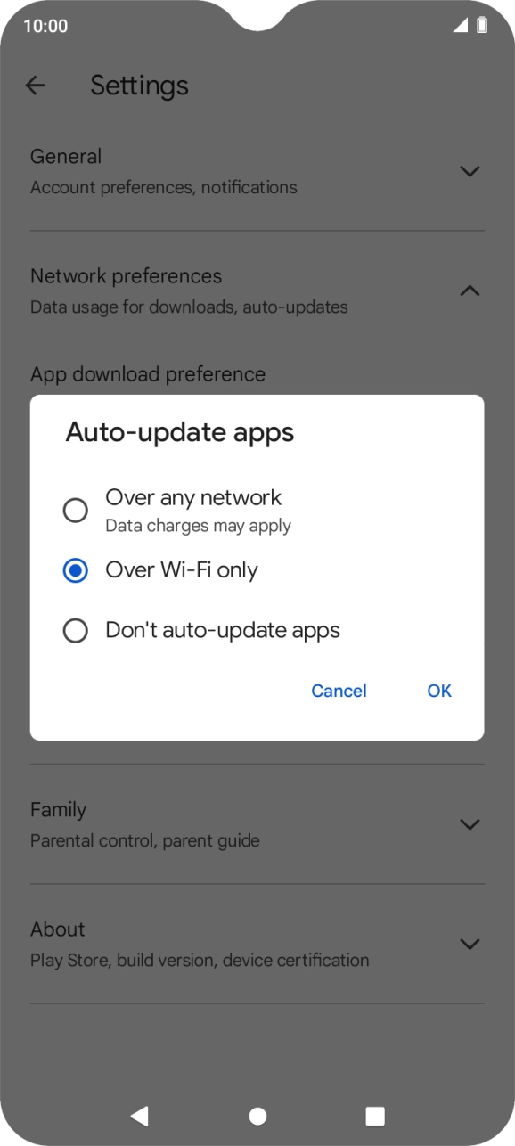 To turn on automatic update of apps using mobile network, press Over any network.
