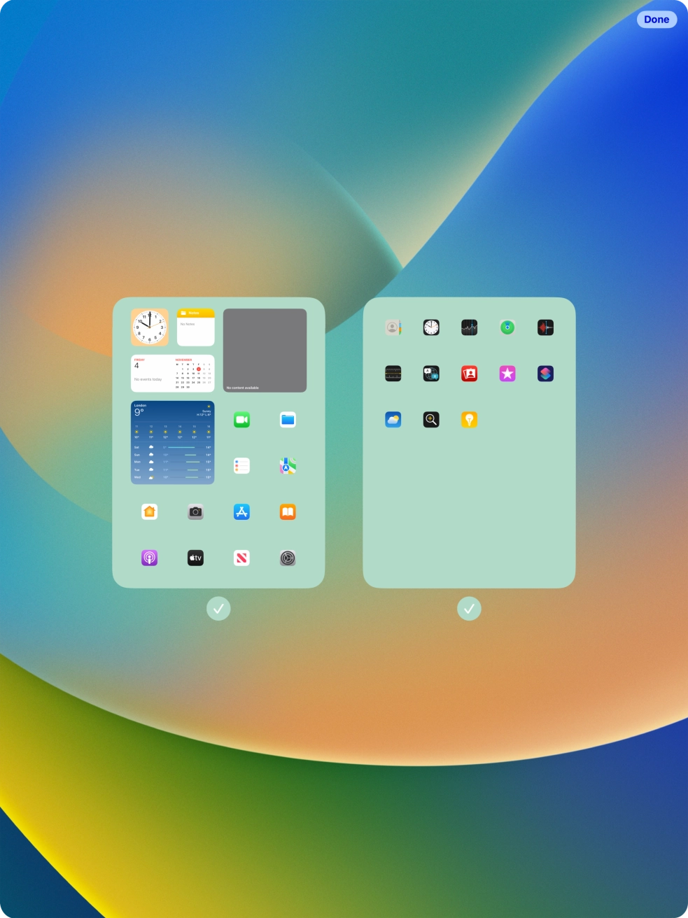 Press the fields below the required home screens to select or deselect them. Press the fields below the required home screens to select or deselect them.