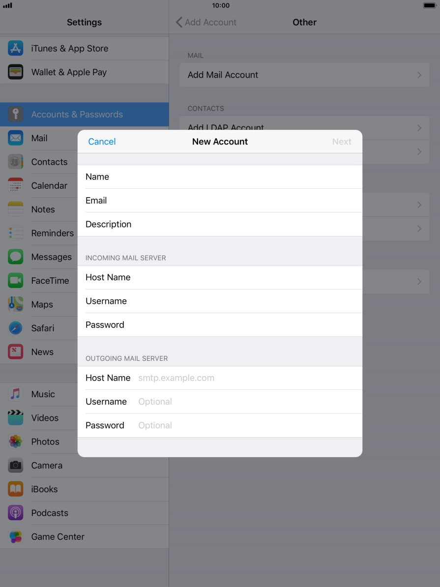 Press Host Name and key in the name of your email provider's outgoing server.