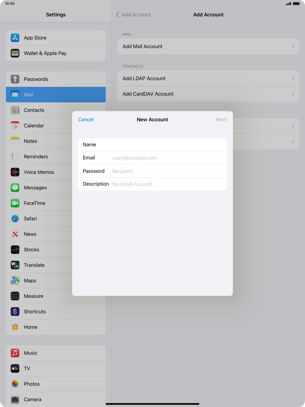Press Email and key in your email address.