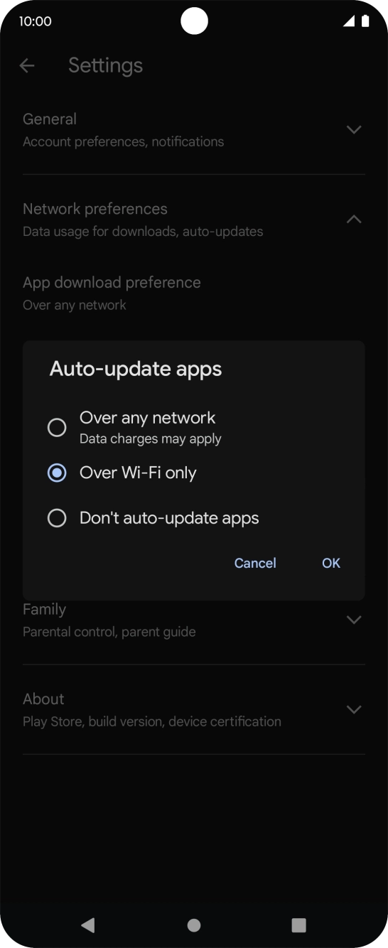 To turn on automatic update of apps using mobile network, press Over any network.