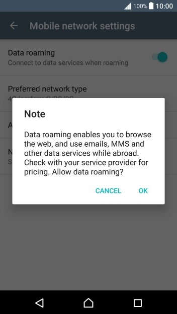 If you turn on data roaming, press OK. If you turn on data roaming, press OK.