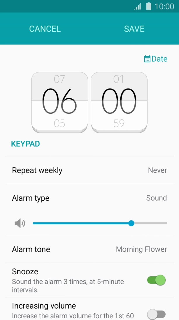 Drag the time setting to the required setting to select the alarm time.