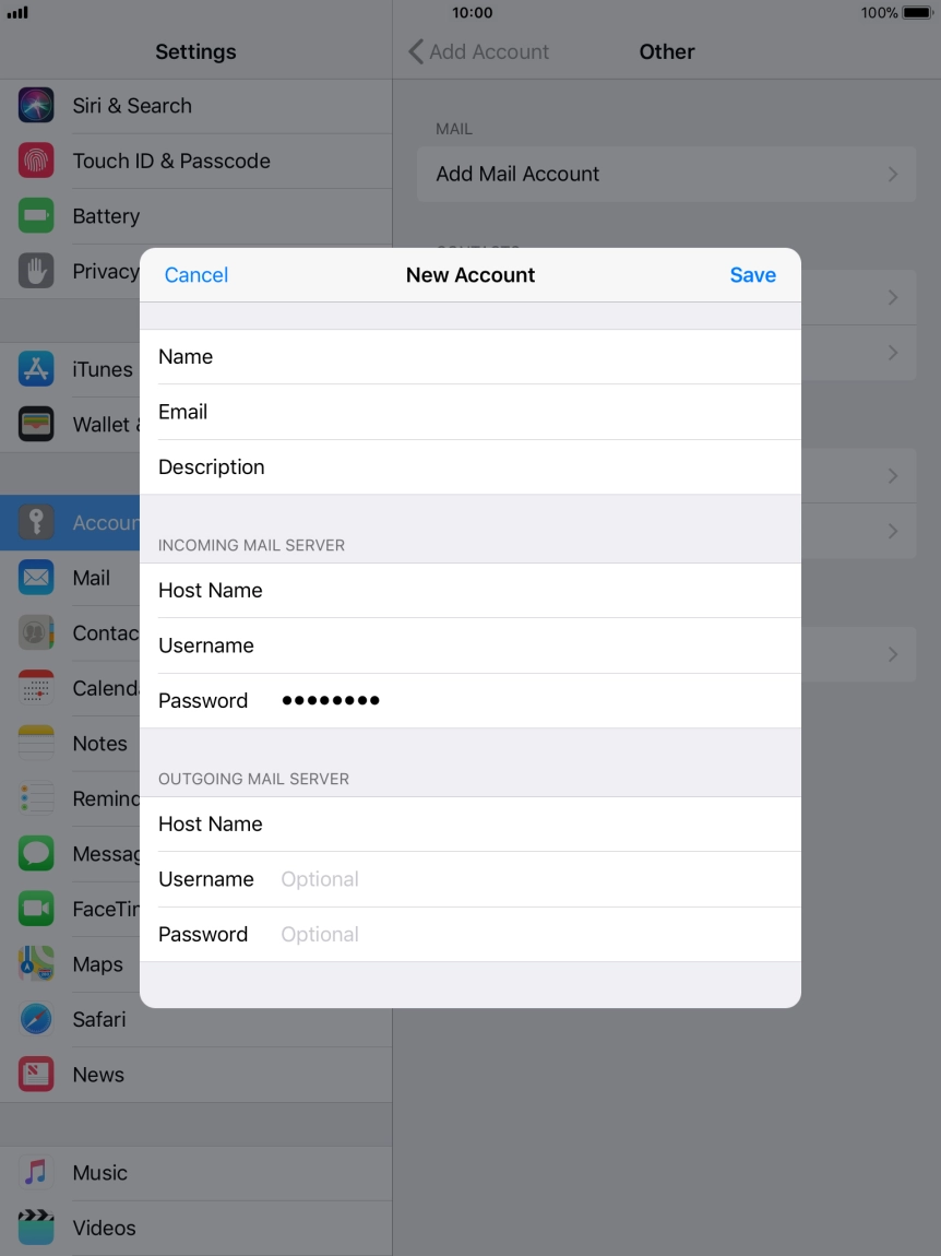 Press Username and key in the username for your email provider's outgoing server.
