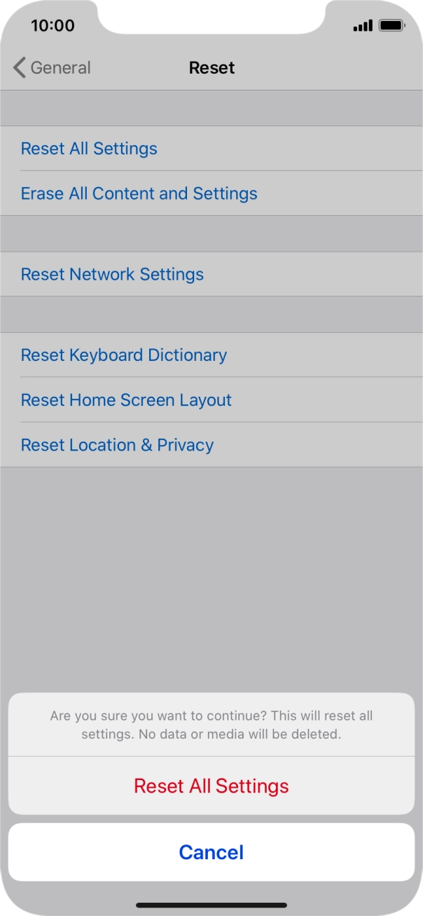 Press Reset All Settings. Wait a moment while the factory default settings are restored. Follow the instructions on the screen to set up your phone and prepare it for use. Press Reset All Settings. Wait a moment while the factory default settings are restored. Follow the instructions on the screen to set up your phone and prepare it for use.