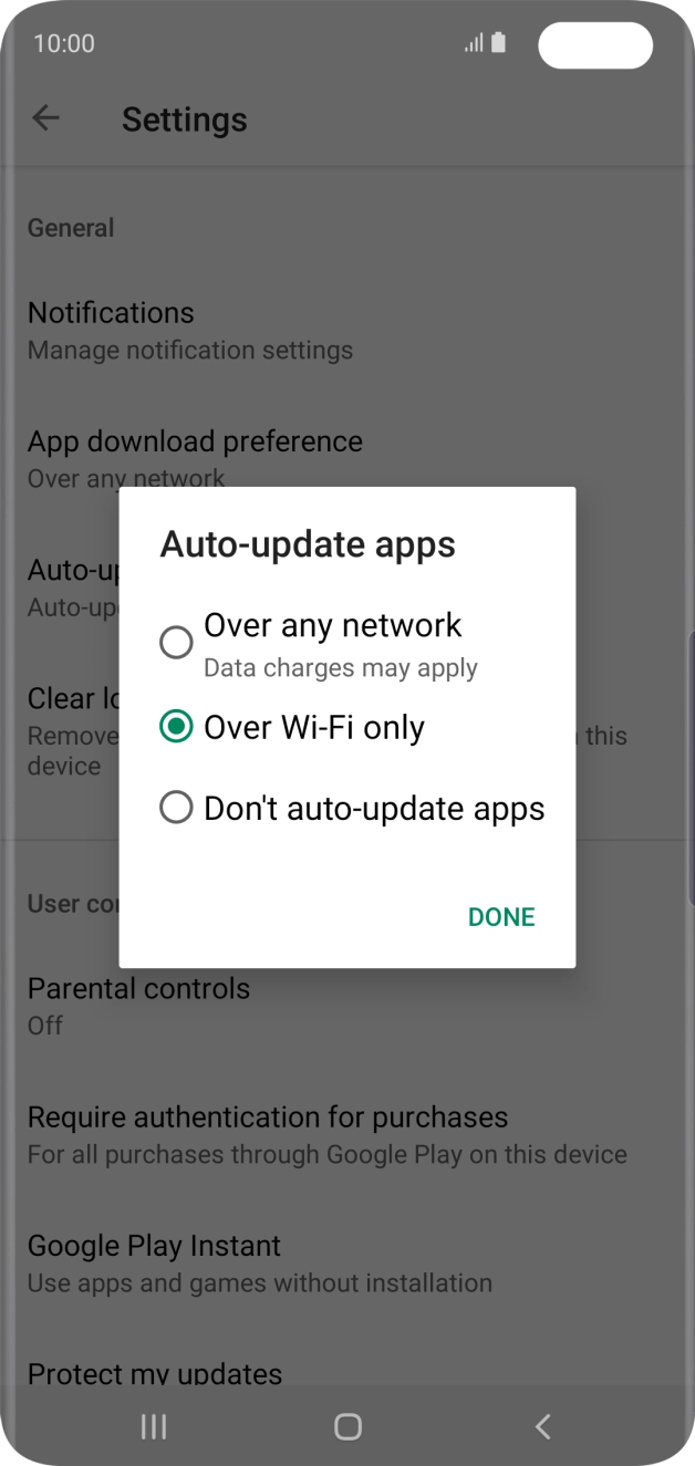 To turn on automatic update of apps using mobile network, press Over any network.