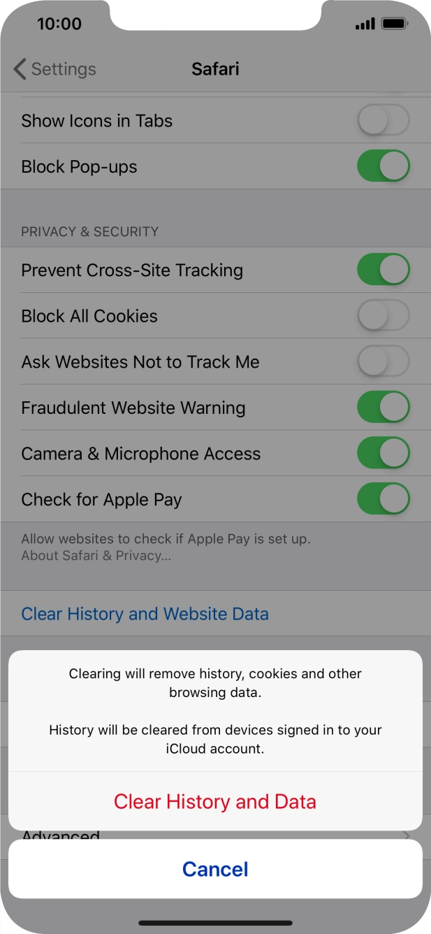 Press Clear History and Data.