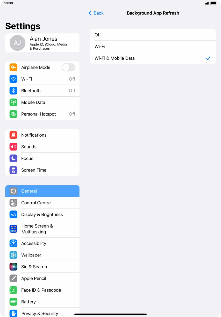 To turn off background refresh of apps, press Off.